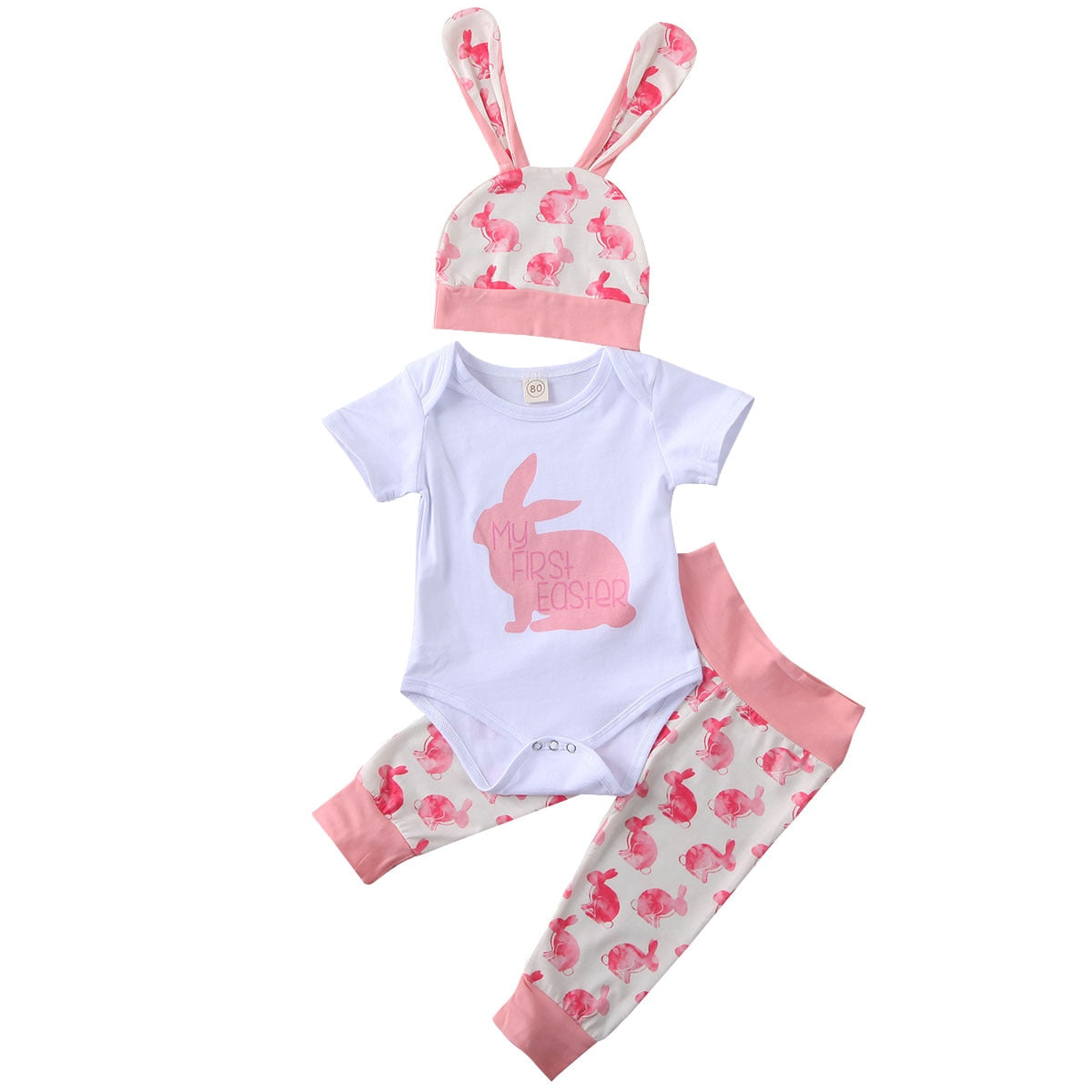 CANIS Summer 3PCS Toddler Newborn Baby Girl Boy Short Sleeve Outfits Set Lovely Bunny Tops Pants Hat