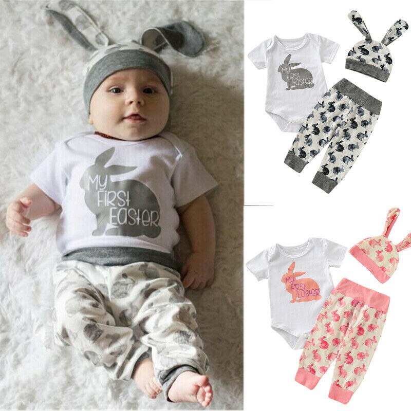 CANIS Summer 3PCS Toddler Newborn Baby Girl Boy Short Sleeve Outfits Set Lovely Bunny Tops Pants Hat