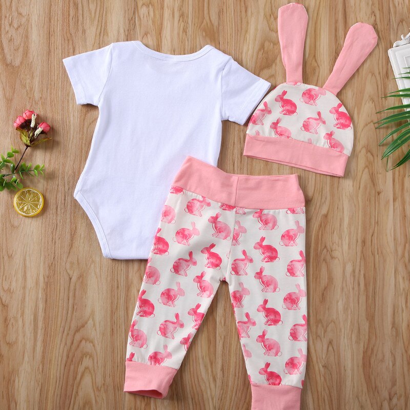 CANIS Summer 3PCS Toddler Newborn Baby Girl Boy Short Sleeve Outfits Set Lovely Bunny Tops Pants Hat