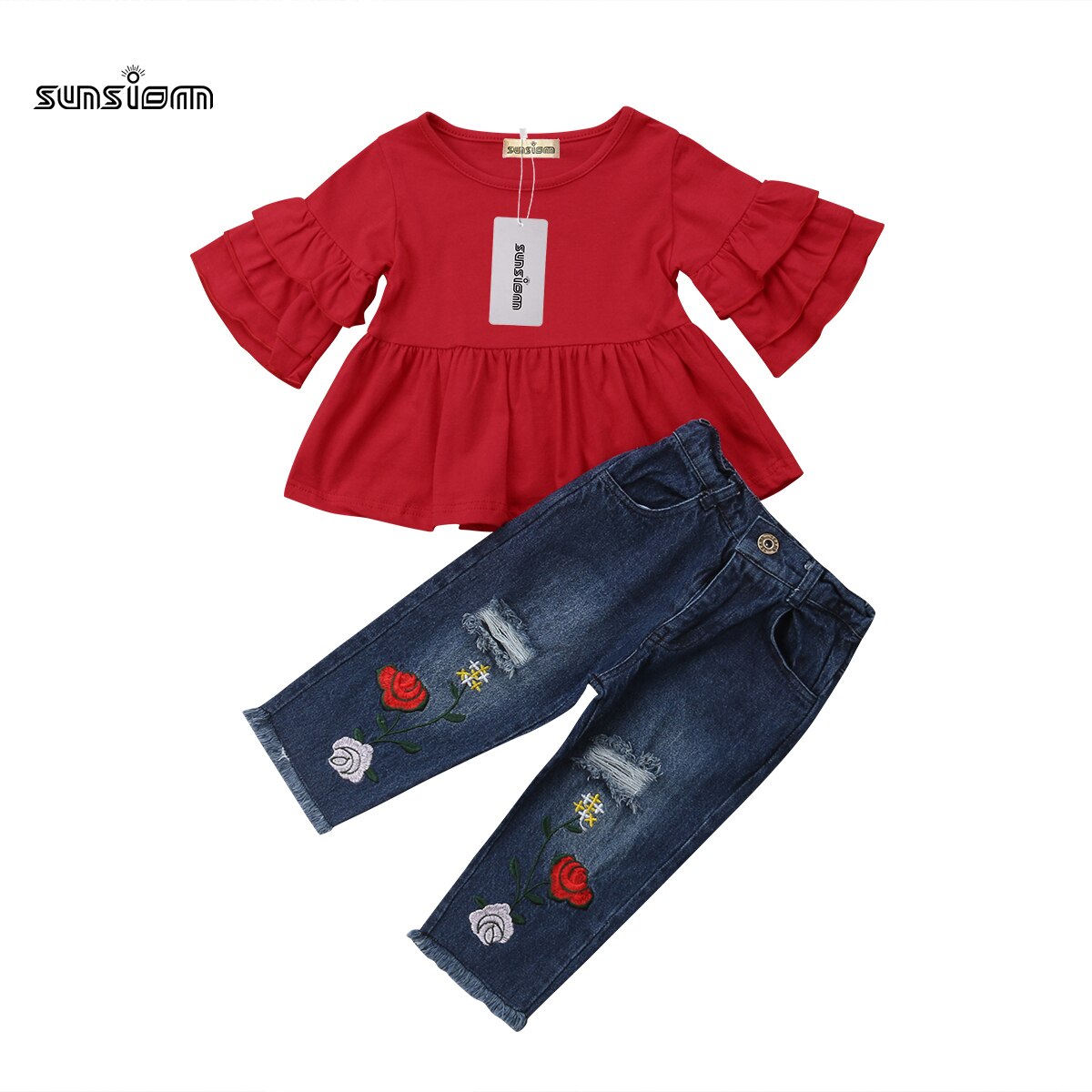 Fashion Summer Kids Baby Clothes Sets Ruffles Sleeve Red T-Shirts Tops Floral Print Blue Hole Denim Pants Outfits
