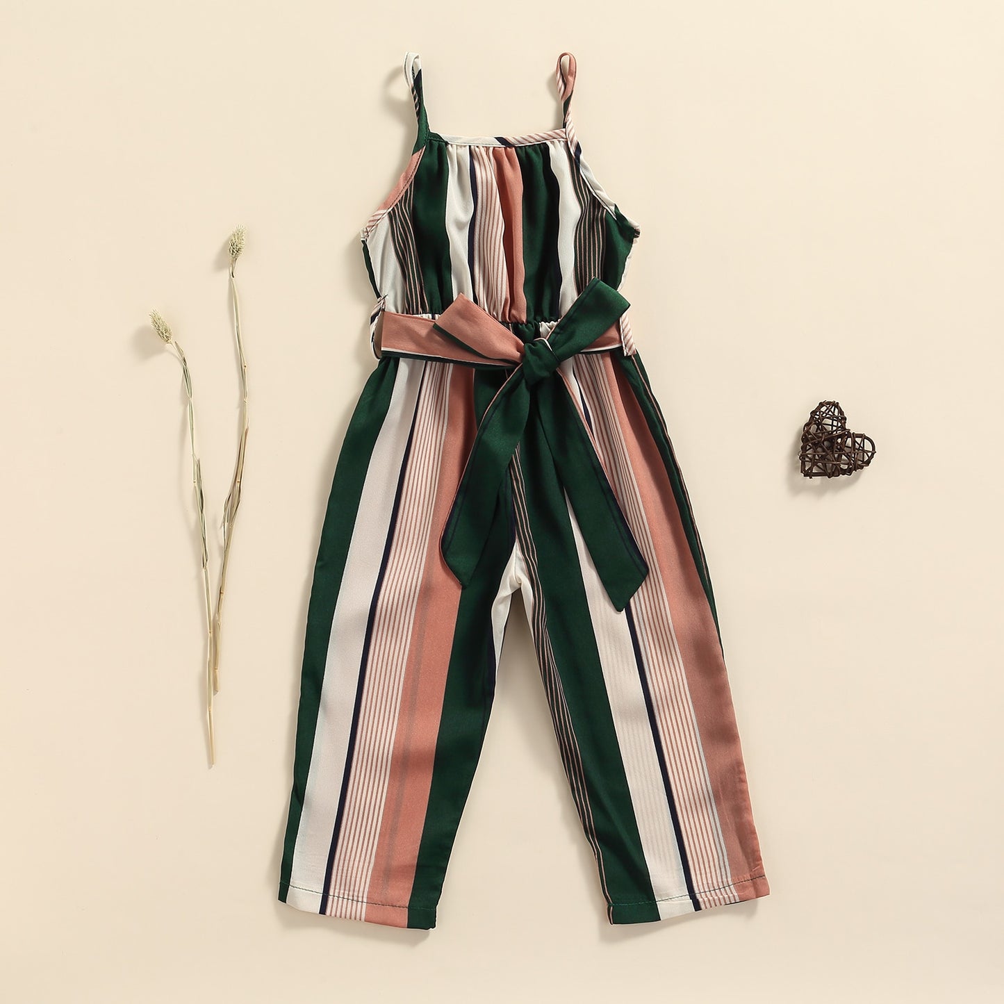 Girls Casual Bandage Sleeveless Suspender Jumpsuit Summer Fashion Stripe Printing Overalls Long Pants Children's Clothing