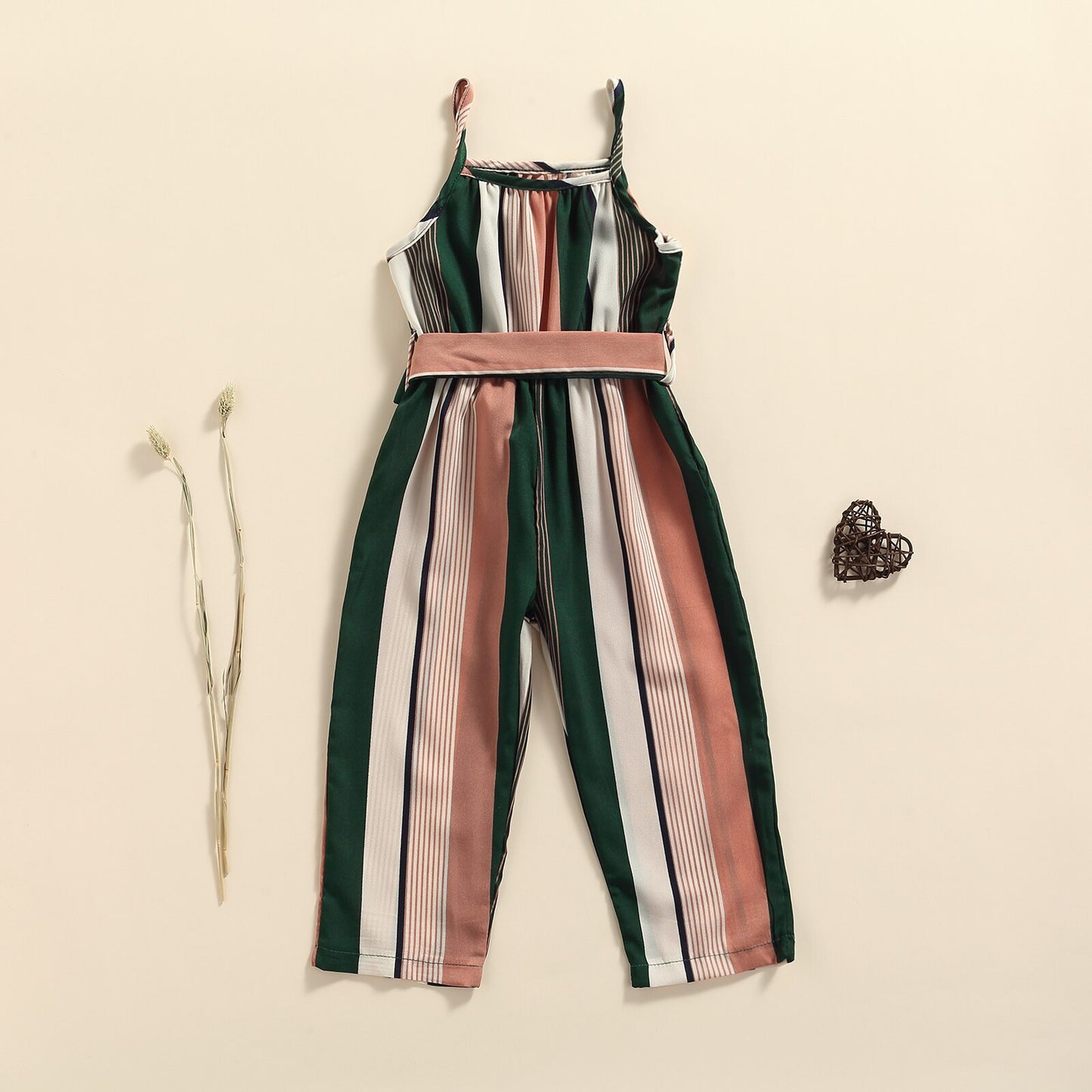Girls Casual Bandage Sleeveless Suspender Jumpsuit Summer Fashion Stripe Printing Overalls Long Pants Children's Clothing