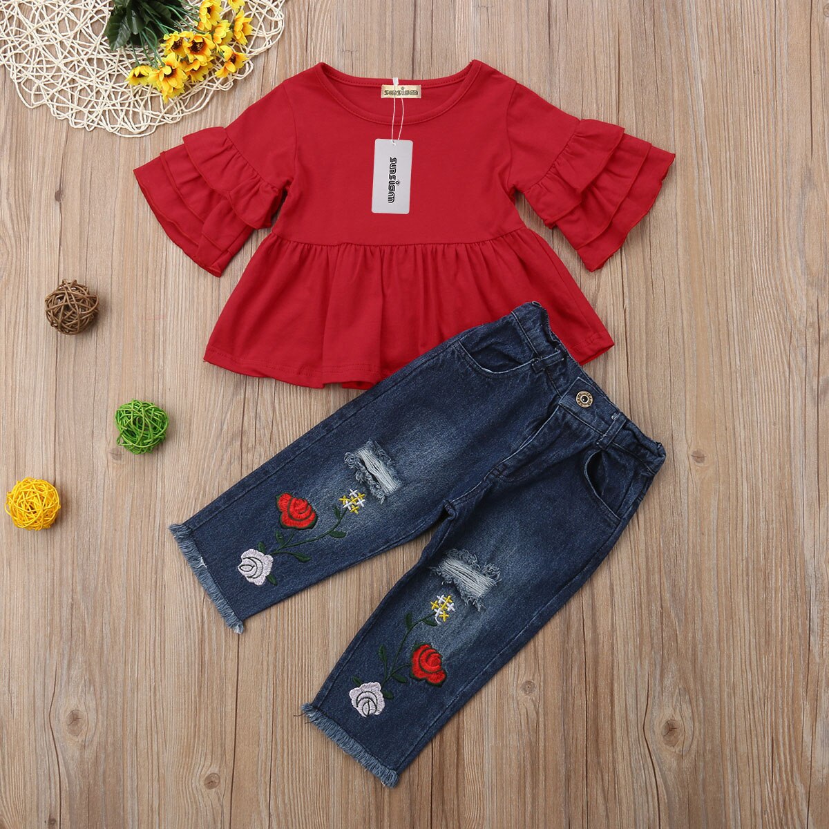 Fashion Summer Kids Baby Clothes Sets Ruffles Sleeve Red T-Shirts Tops Floral Print Blue Hole Denim Pants Outfits