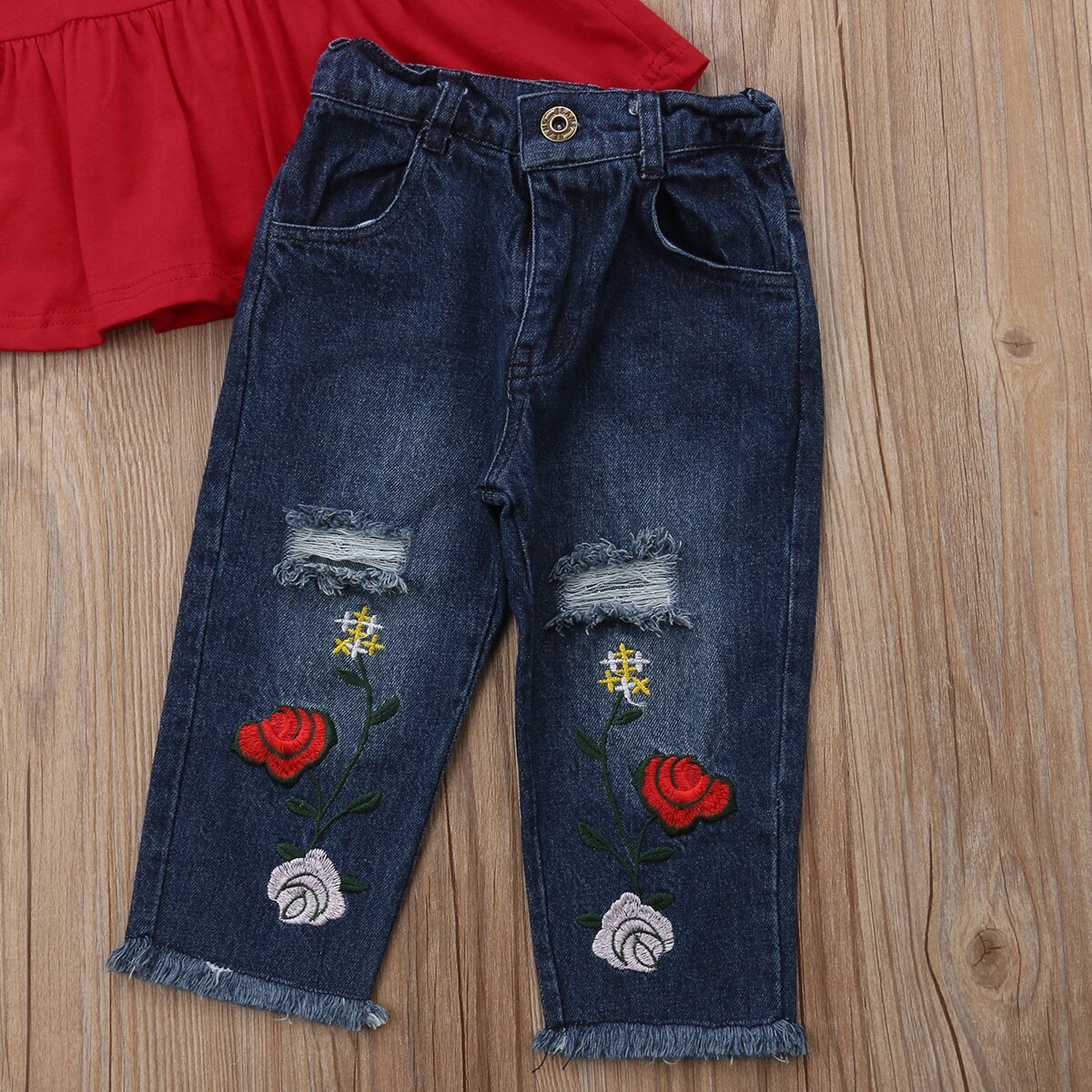 Fashion Summer Kids Baby Clothes Sets Ruffles Sleeve Red T-Shirts Tops Floral Print Blue Hole Denim Pants Outfits