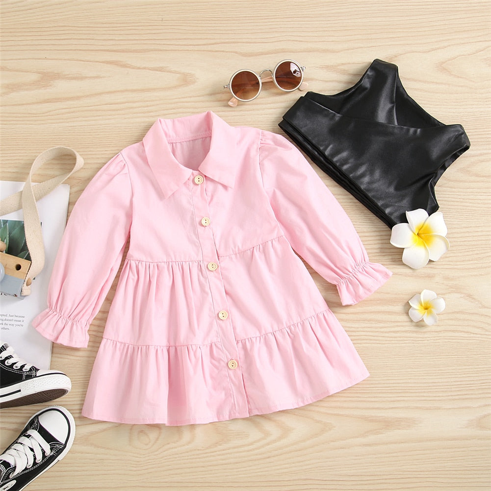 New Fashion Autumn Kids Girls Clothes Set Long Sleeve Lapel Neck Solid Shirt Dress+PU Leather Vest Casual 2PCS Clothing