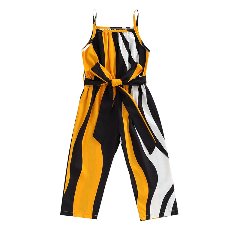 Girls Casual Bandage Sleeveless Suspender Jumpsuit Summer Fashion Stripe Printing Overalls Long Pants Children's Clothing