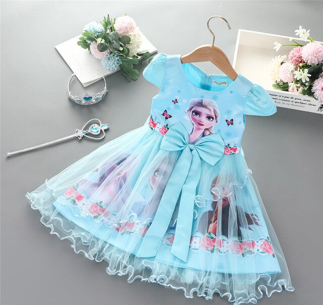 Girls Frozen Dress Summer Short-sleeved Lace Mesh Knee-Length Christmas Dress Girl Cartoon Casual Cartoon Ball Gown Dresses