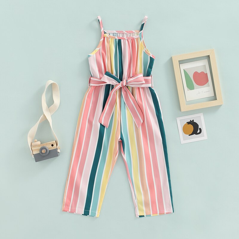 Girls Casual Bandage Sleeveless Suspender Jumpsuit Summer Fashion Stripe Printing Overalls Long Pants Children's Clothing