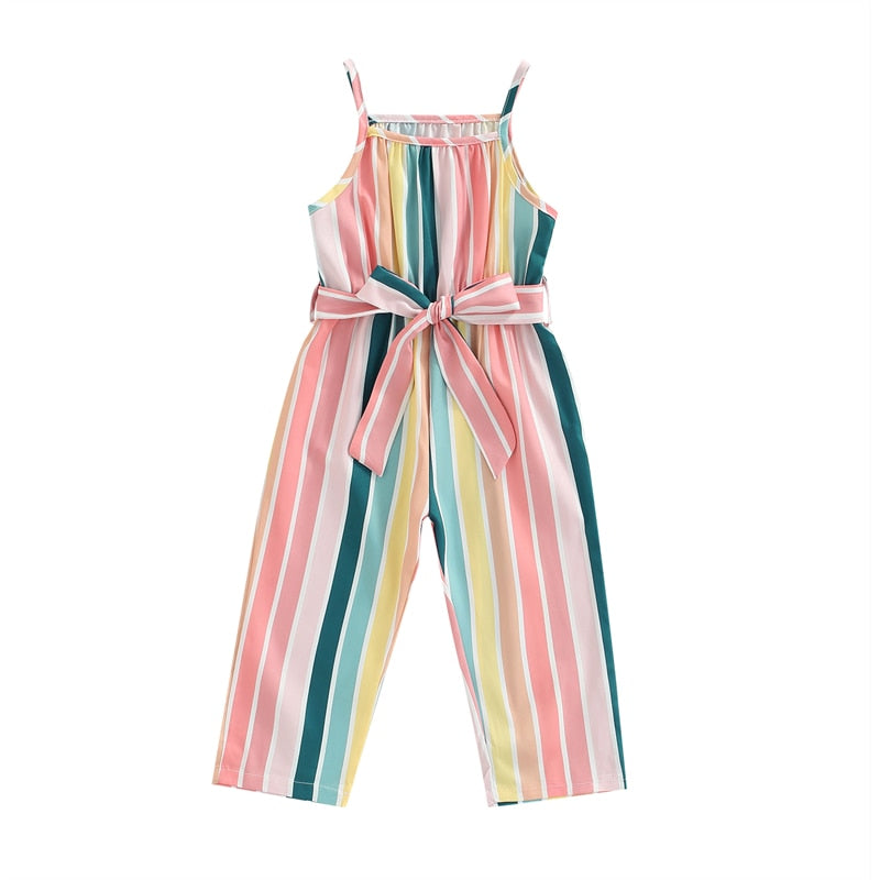 Girls Casual Bandage Sleeveless Suspender Jumpsuit Summer Fashion Stripe Printing Overalls Long Pants Children's Clothing