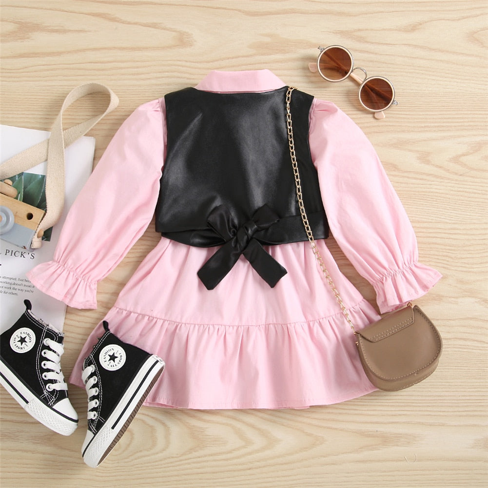 New Fashion Autumn Kids Girls Clothes Set Long Sleeve Lapel Neck Solid Shirt Dress+PU Leather Vest Casual 2PCS Clothing