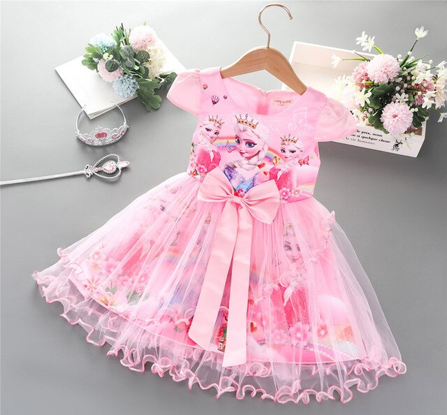Girls Frozen Dress Summer Short-sleeved Lace Mesh Knee-Length Christmas Dress Girl Cartoon Casual Cartoon Ball Gown Dresses