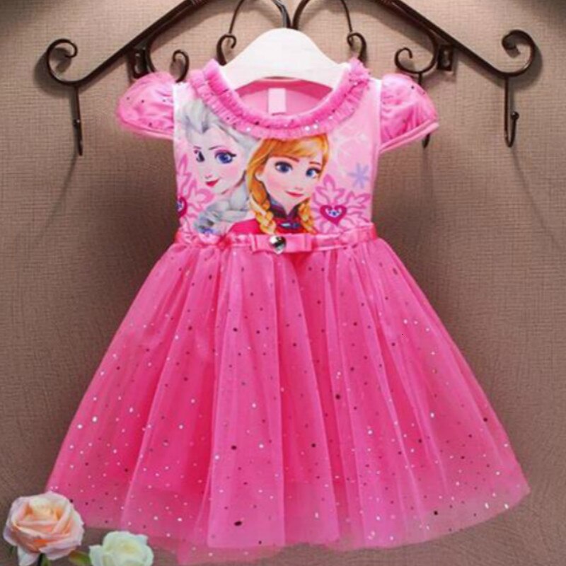 Girls Frozen Dress Summer Short-sleeved Lace Mesh Knee-Length Christmas Dress Girl Cartoon Casual Cartoon Ball Gown Dresses