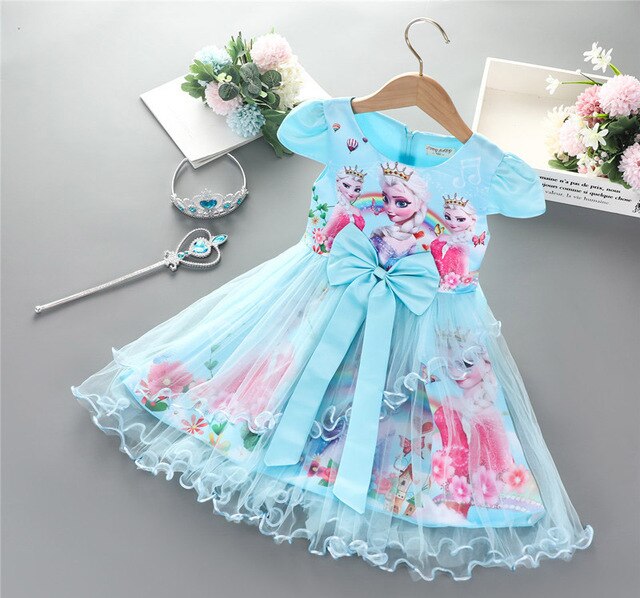 Girls Frozen Dress Summer Short-sleeved Lace Mesh Knee-Length Christmas Dress Girl Cartoon Casual Cartoon Ball Gown Dresses