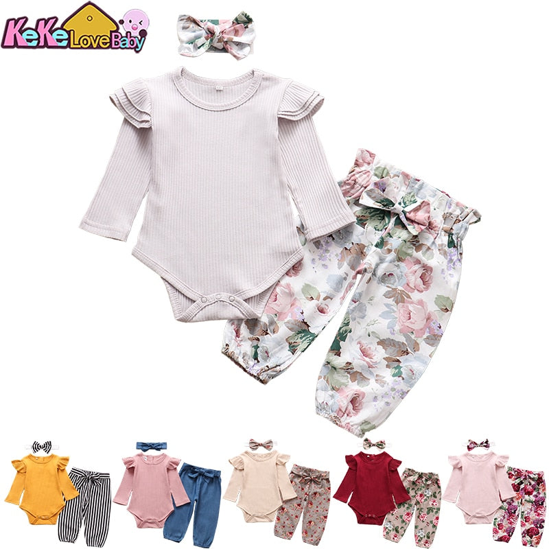 Autumn Baby Girl Clothes Sets Fashion Toddler Outfits Long Sleeve Tops Flower Pants Headband Cute 3Pcs Newborn Infant Clothing