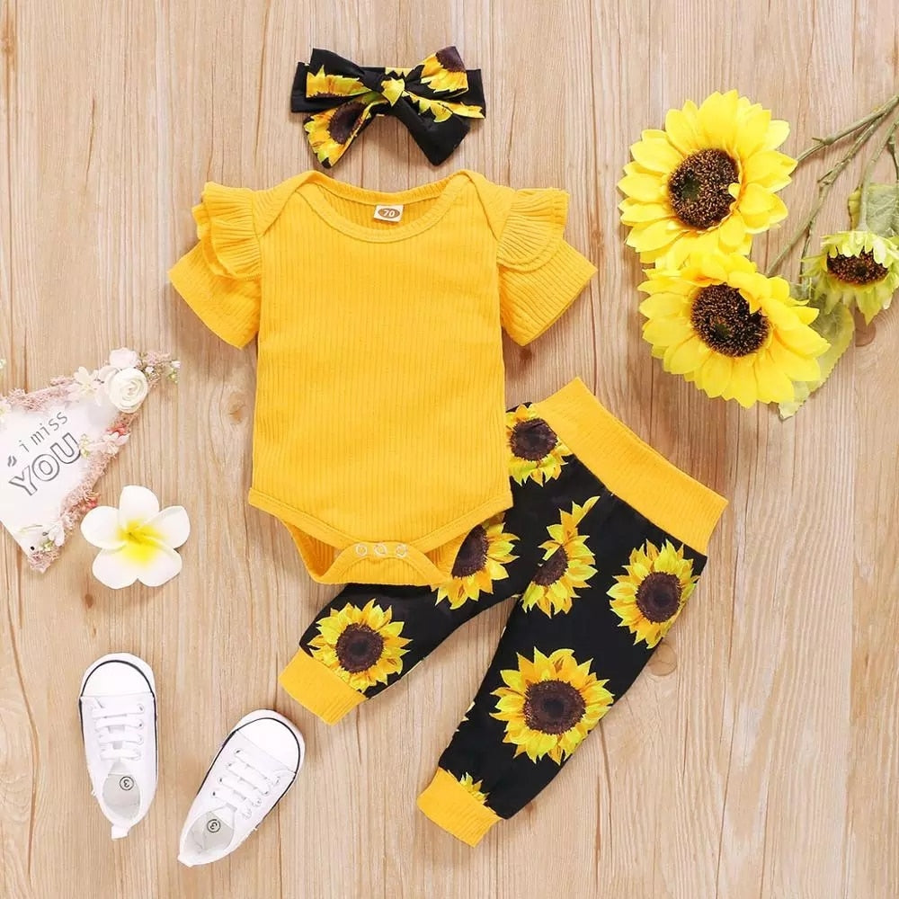 Newborn Baby Girl Clothes Set Toddler Girls Outfit Cute 3Pcs Ruffle Knit Romper+Sunflower Pants+Headband New Born Clothing
