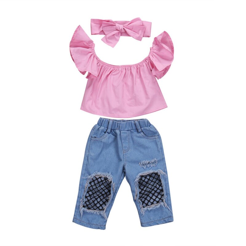 3Pcs Summer Toddler Baby Girl Clothes Pink Off Shoulder Tops Ripped Denim Pants Jeans Headband Kids Outfits Set