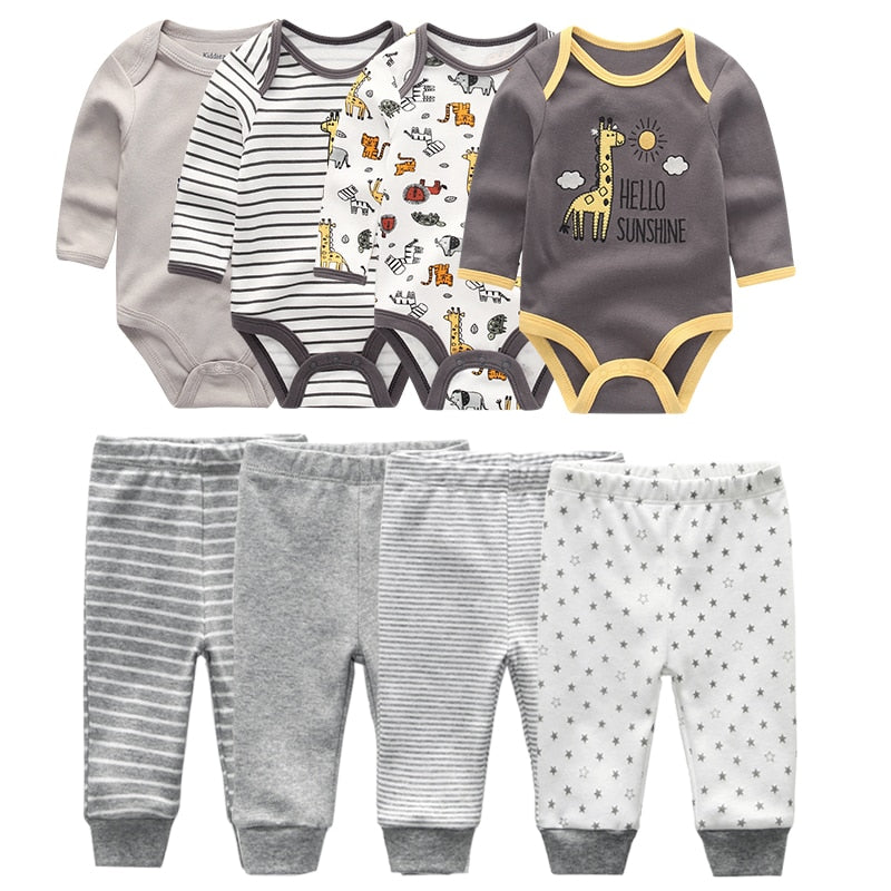 4pcs Baby Bodysuits+4pcs Baby Pants Newborn Clothes Sets Winter Cotton Suits girls boys Custome Roupa de bebe Clothing