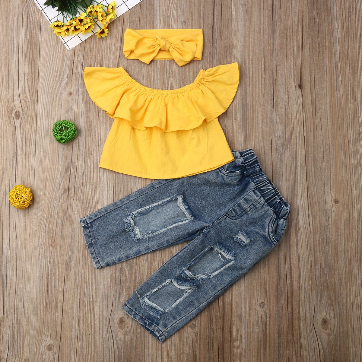 SUNSIOM Toddler Baby Girl Clothes Off Shoulder Ruffle Tops Hole Denim Jeans Pants Bowknot Headband 3Pcs Outfits Summer Clothes