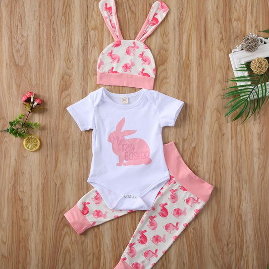 CANIS Summer 3PCS Toddler Newborn Baby Girl Boy Short Sleeve Outfits Set Lovely Bunny Tops Pants Hat