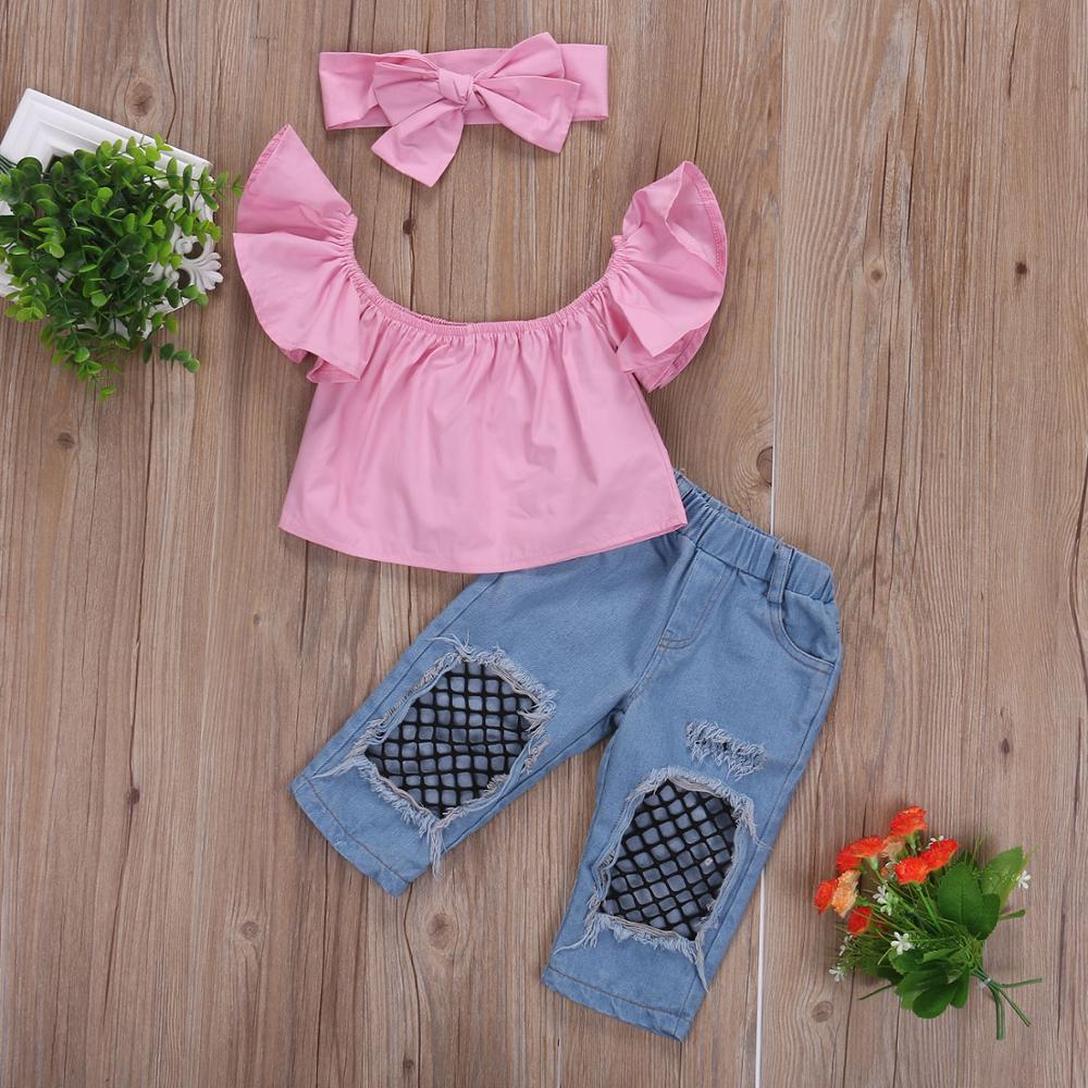 3Pcs Summer Toddler Baby Girl Clothes Pink Off Shoulder Tops Ripped Denim Pants Jeans Headband Kids Outfits Set