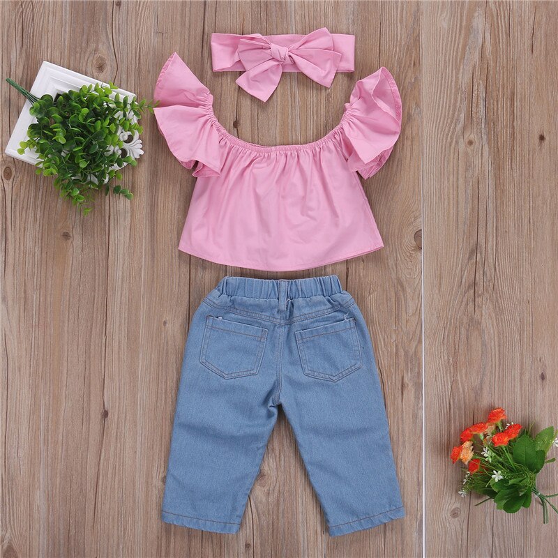 3Pcs Summer Toddler Baby Girl Clothes Pink Off Shoulder Tops Ripped Denim Pants Jeans Headband Kids Outfits Set