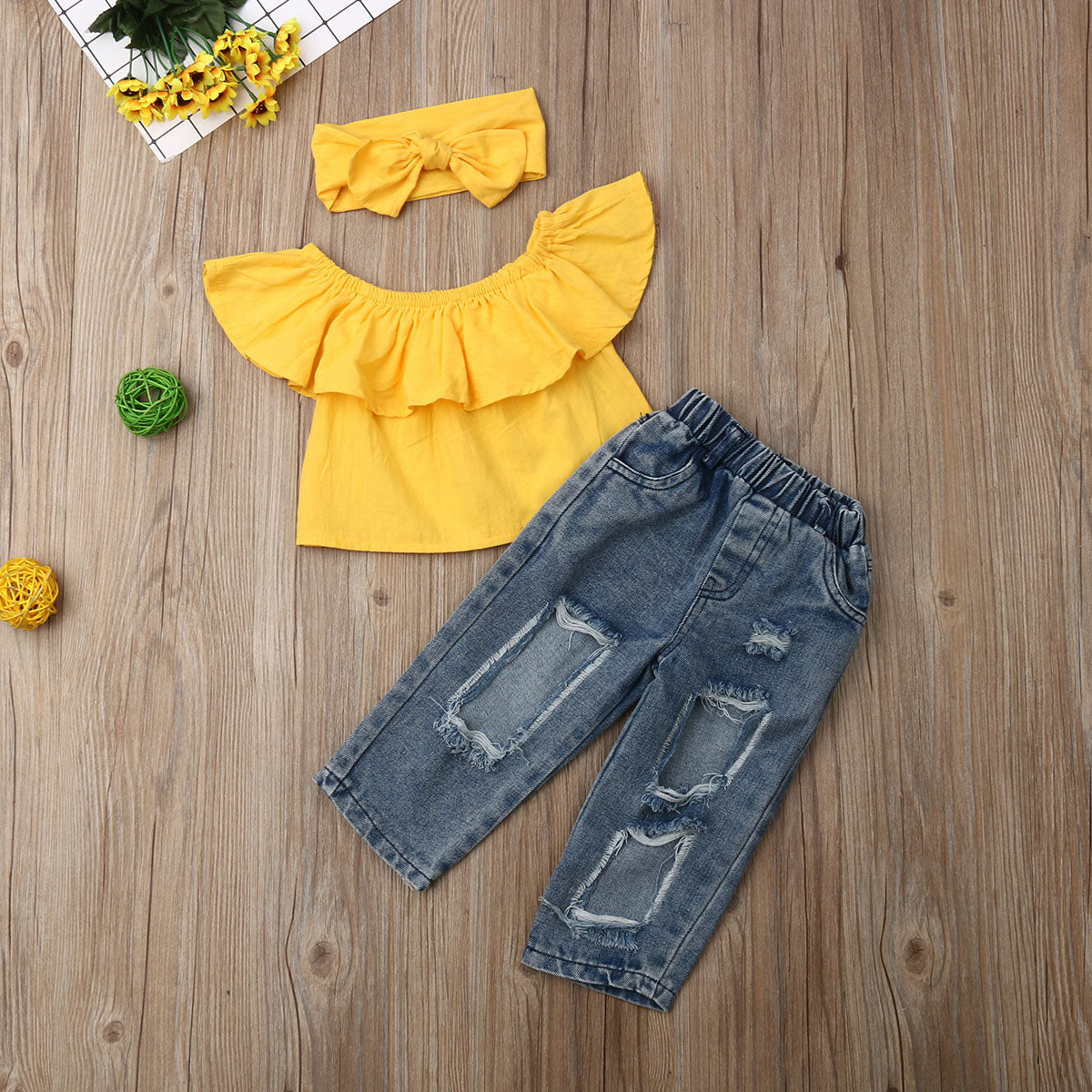 SUNSIOM Toddler Baby Girl Clothes Off Shoulder Ruffle Tops Hole Denim Jeans Pants Bowknot Headband 3Pcs Outfits Summer Clothes