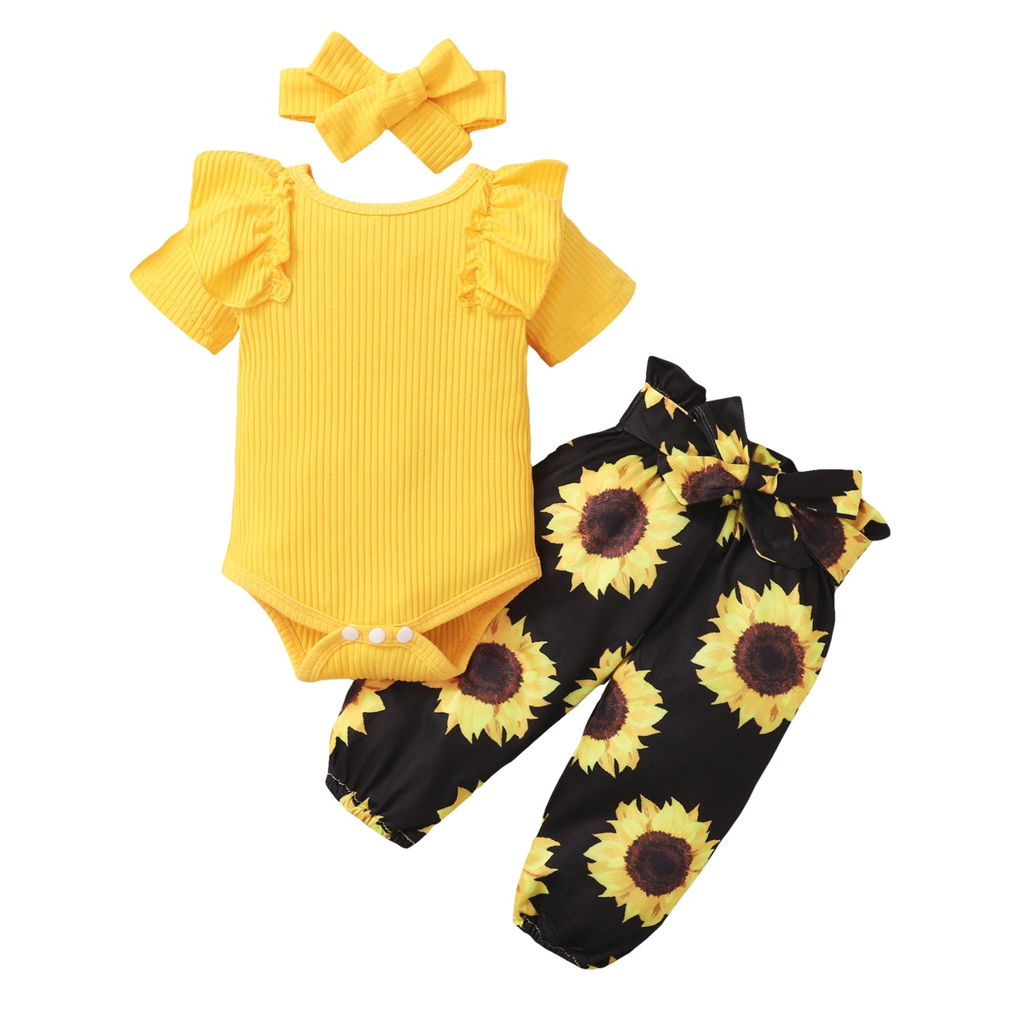 Newborn Baby Girl Clothes Set Toddler Girls Outfit Cute 3Pcs Ruffle Knit Romper+Sunflower Pants+Headband New Born Clothing