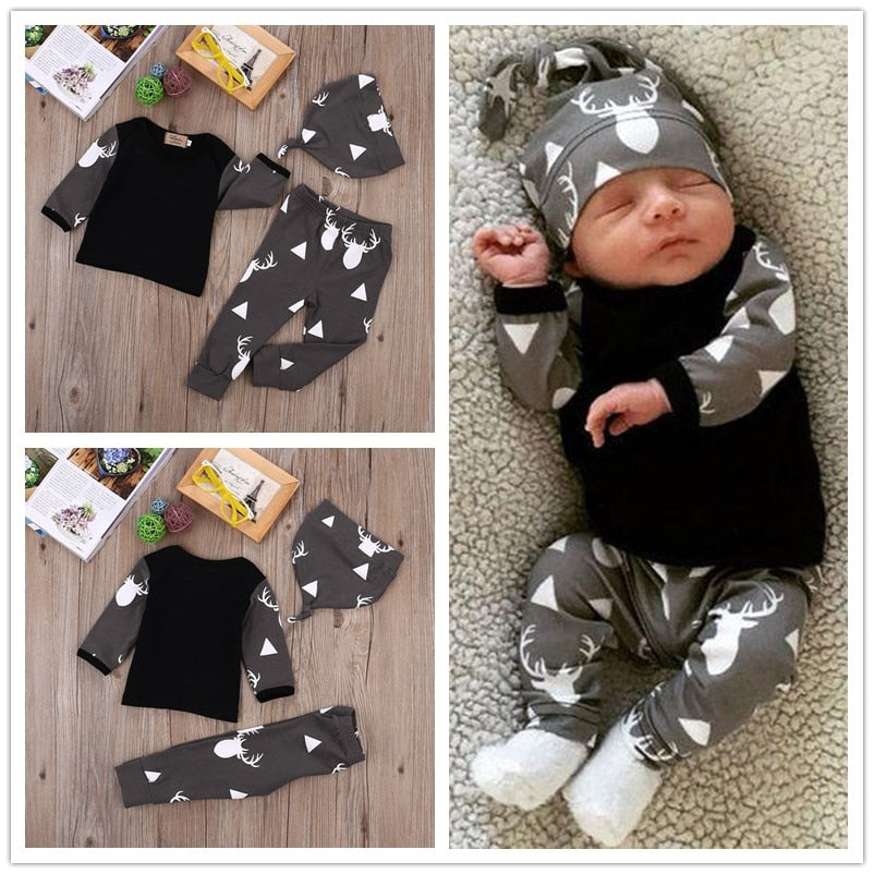 Newborn Baby Boys Baby Girl Infant Clothes Deer Tops T-shirt +Pants Leggings Hat 3pcs Outfits Set