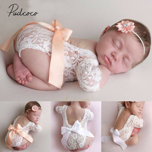 Baby Accessories Newborn Lace Romper Photo Clothing Bow lace Hair Band Set Photography Props Backless Bodysuits +Headband