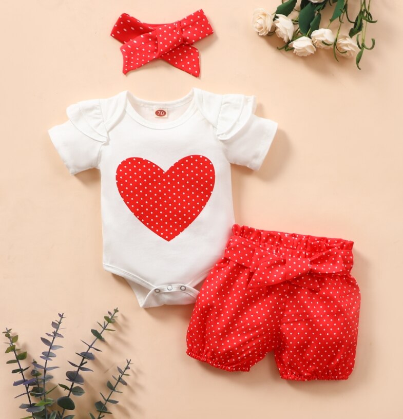 Baby Girls Valentine Day, Clothes Letter Printed Tops Romper Sequin Shorts Headband Outfits Set Baby Clothing