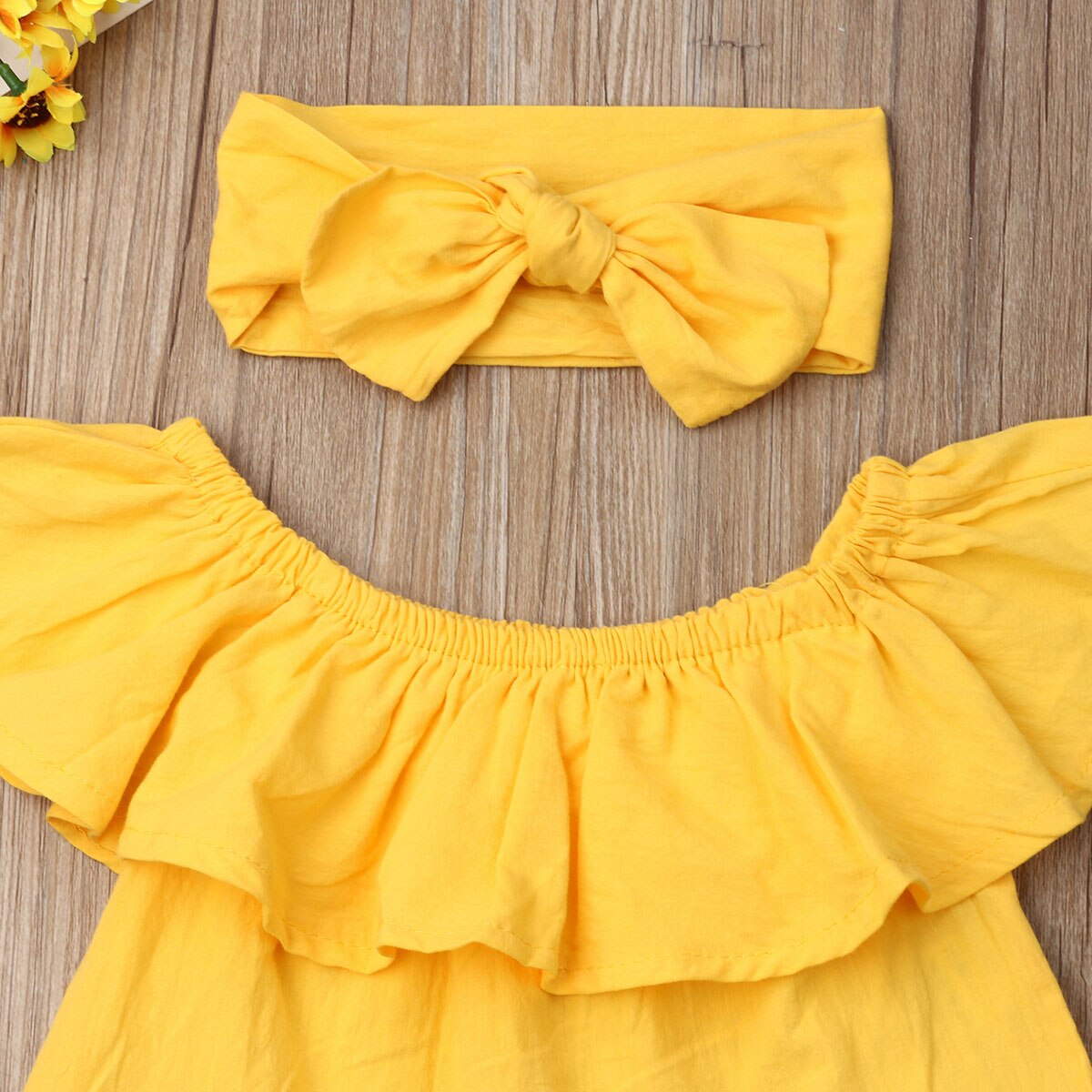 SUNSIOM Toddler Baby Girl Clothes Off Shoulder Ruffle Tops Hole Denim Jeans Pants Bowknot Headband 3Pcs Outfits Summer Clothes