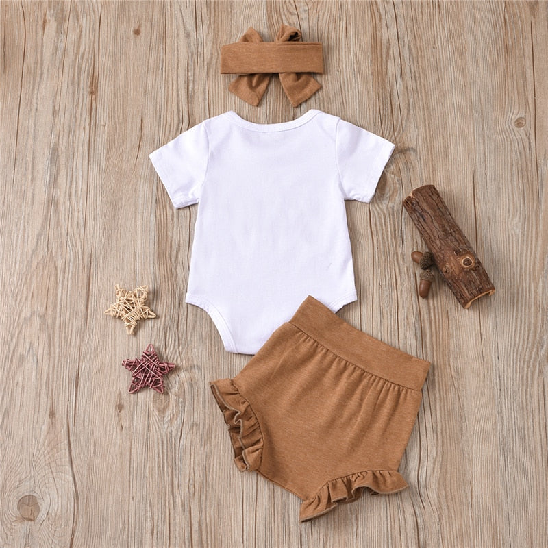 3 PCS Summer Newborn Baby Girls Clothes Set Letter Print Bodysuit Top+PP Shorts+headband Outfits 3-18 Months Clothing