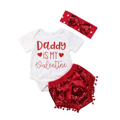 Baby Girls Valentine Day, Clothes Letter Printed Tops Romper Sequin Shorts Headband Outfits Set Baby Clothing