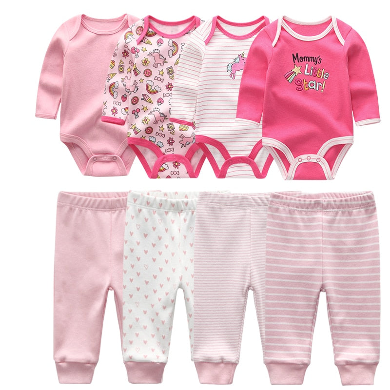 4pcs Baby Bodysuits+4pcs Baby Pants Newborn Clothes Sets Winter Cotton Suits girls boys Custome Roupa de bebe Clothing