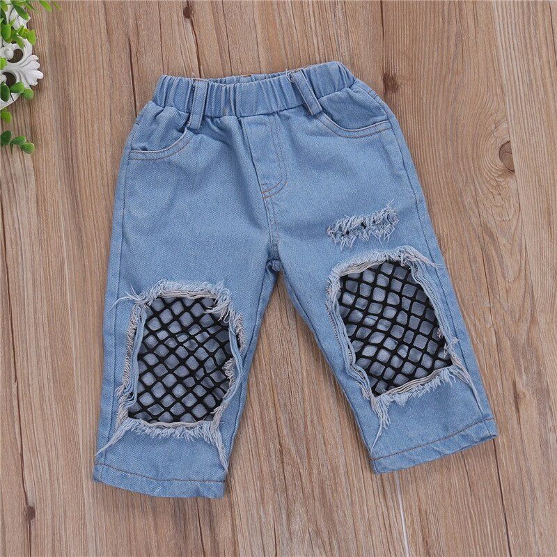 3Pcs Summer Toddler Baby Girl Clothes Pink Off Shoulder Tops Ripped Denim Pants Jeans Headband Kids Outfits Set