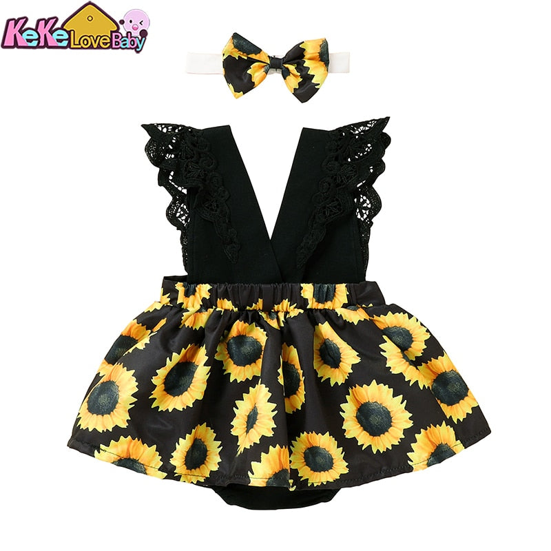 Newborn Baby Girl Clothes Summer Romper Lace Ruffle Sunflower Sleeveless Jumpsuit Headband 2Pcs Outfit For New Born Clothing Set