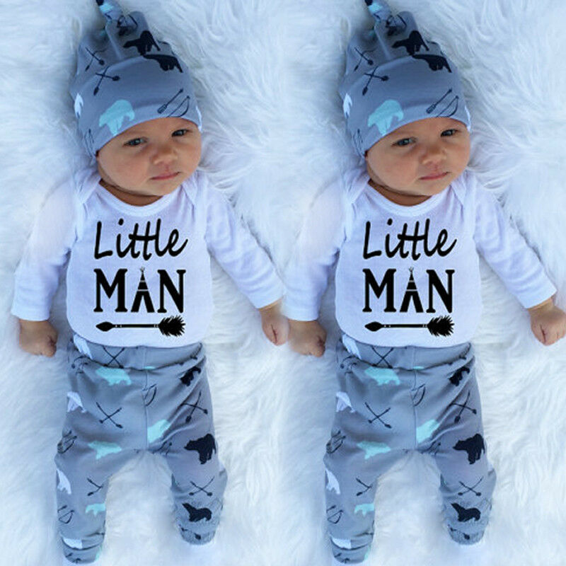 3pcs Infant Newborn Baby Boy Clothes Long Sleeve Print Romper Bodysuit+Pants Outfit Playsuit Baby Spring Autumn Clothes