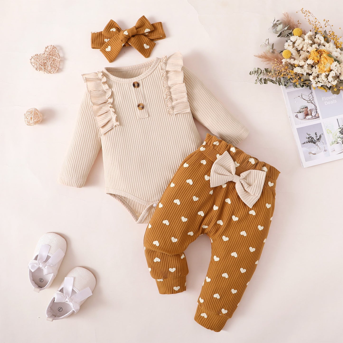 Autumn 3pcs Toddler Newborn Baby Girl Clothes Set Long Sleeve Knitting Top Bodysuit Printed Love Heart Pants Headband Outfit