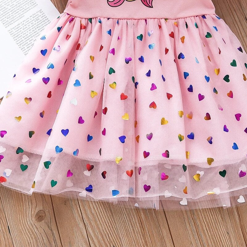 Girls Dress Cotton Cartoon Unicorn Splicing Mesh Party Princess Dresses for 2-6 Years Girls Birthday Clothes