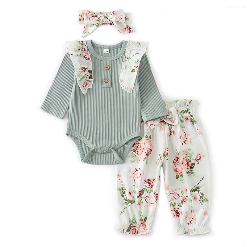 Autumn Baby Girl Clothes Sets Fashion Toddler Outfits Long Sleeve Tops Flower Pants Headband Cute 3Pcs Newborn Infant Clothing