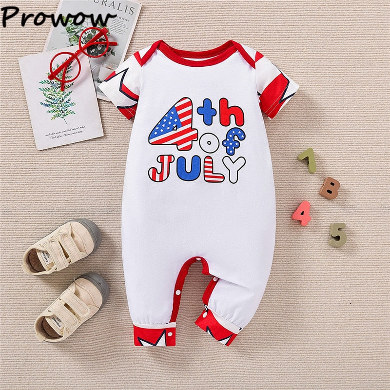 Prowow My First 4th of July Romper For Boy Girl Star Printed Sleeve Patchwork Letter Jumpsuit Playsuit Newborn Baby Boy Clothes