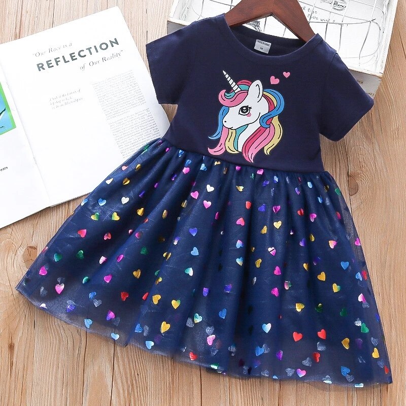 Girls Dress Cotton Cartoon Unicorn Splicing Mesh Party Princess Dresses for 2-6 Years Girls Birthday Clothes