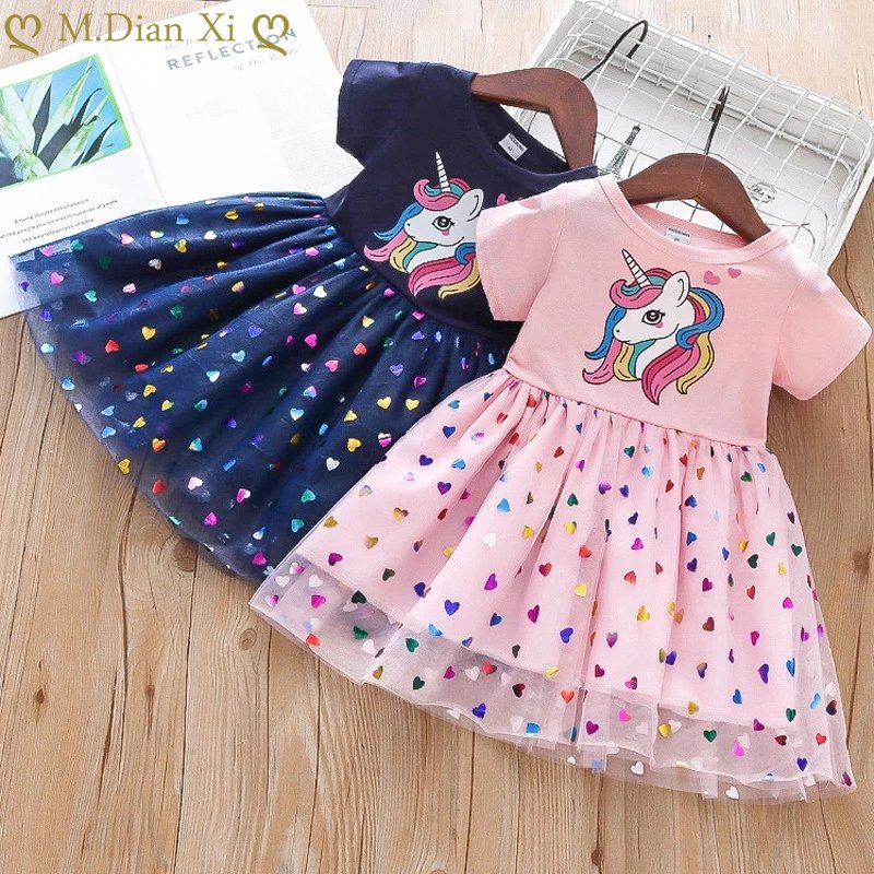 Girls Dress Cotton Cartoon Unicorn Splicing Mesh Party Princess Dresses for 2-6 Years Girls Birthday Clothes