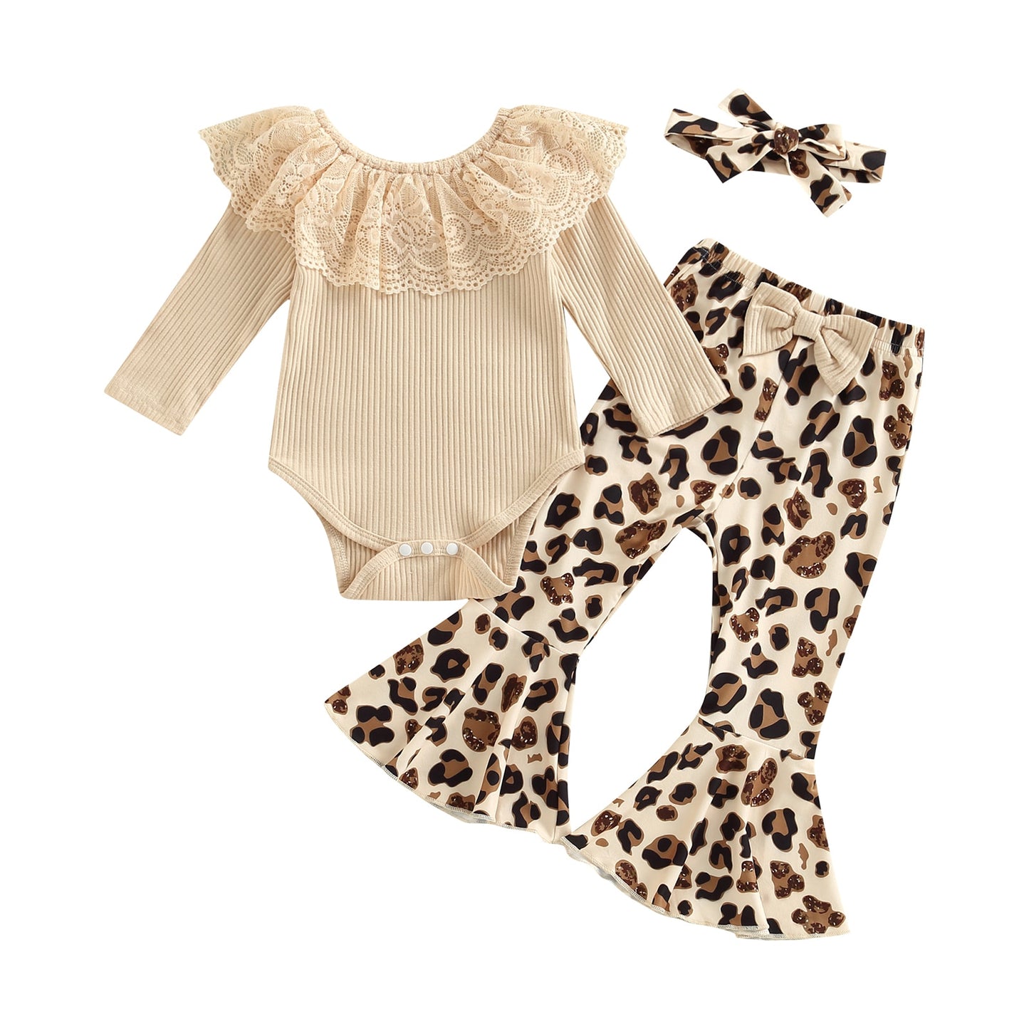 Infant Newborn Baby Girls 3 Pieces Outfit, Lace Ruffles Knitted Ribbed Romper + Leopard/Floral Print Flare Pants + Headband Set