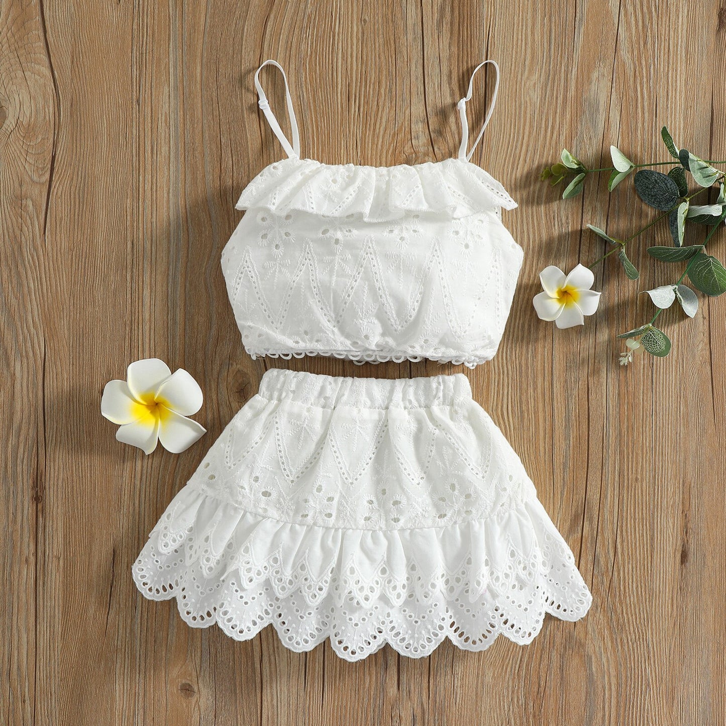 2pcs Kid Baby Girls Summer Clothes Set Sleeveless Lace Hollow Ruffle Camisole + High Waist Skirt Sweet Clothing Outfit