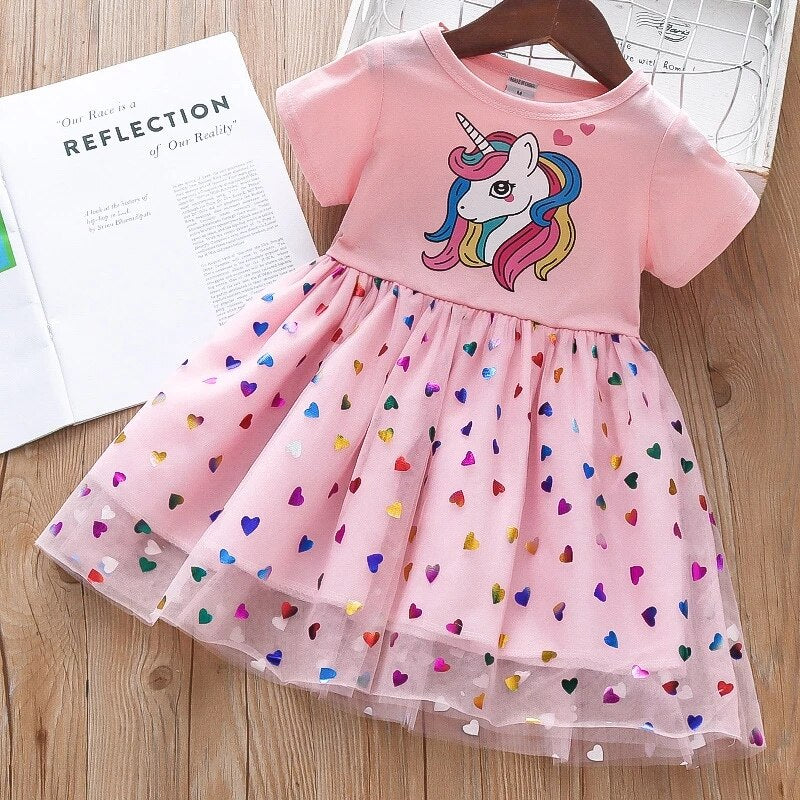 Girls Dress Cotton Cartoon Unicorn Splicing Mesh Party Princess Dresses for 2-6 Years Girls Birthday Clothes