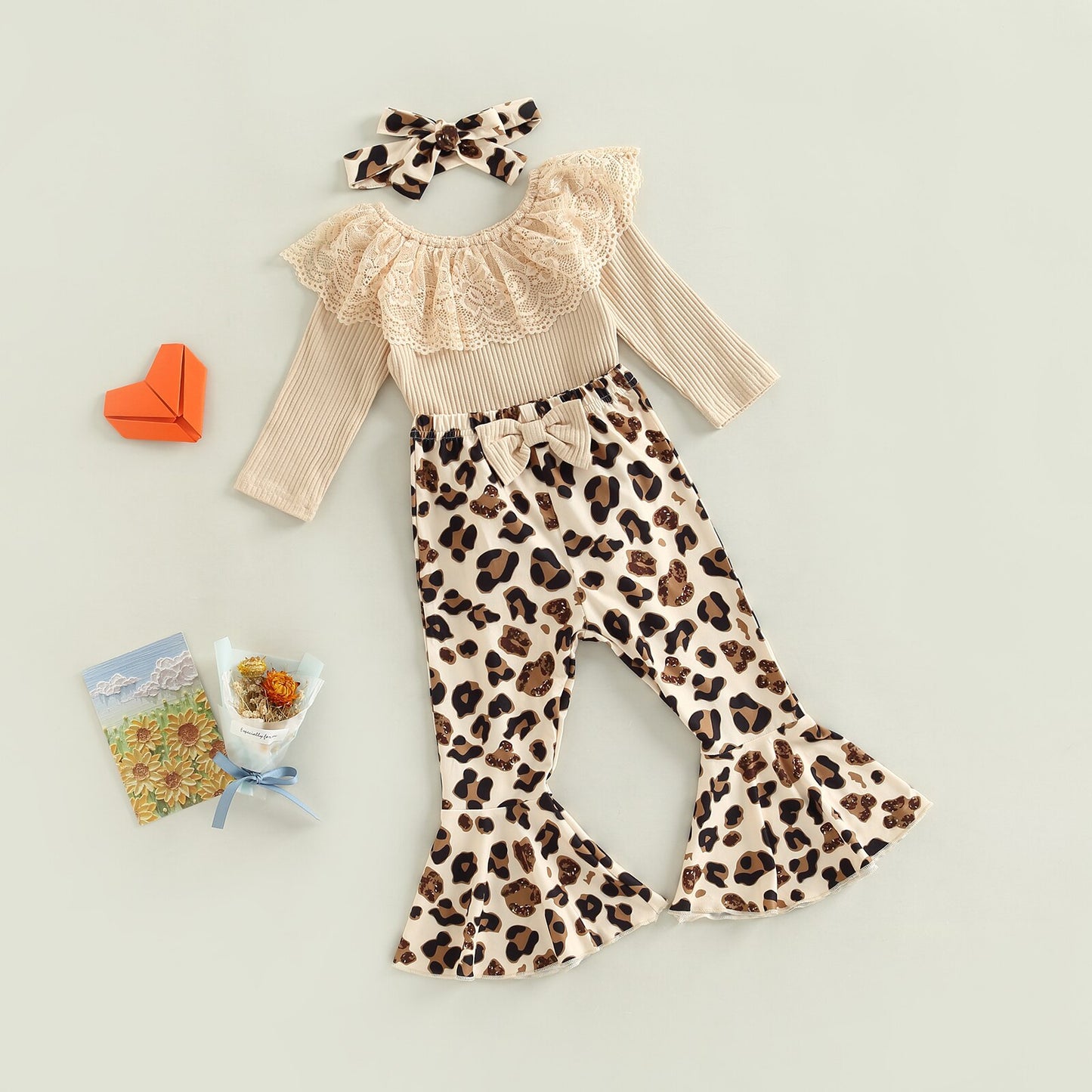 Infant Newborn Baby Girls 3 Pieces Outfit, Lace Ruffles Knitted Ribbed Romper + Leopard/Floral Print Flare Pants + Headband Set