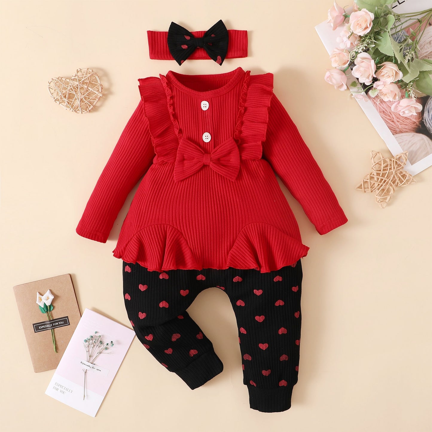 Baby Girl Clothes Sets Bowknot Red Top Love Printed Trousers Casual Infant Outfits Newborn Baby Clothes 3M 6M 12M