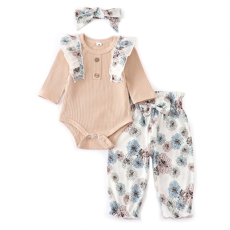 Autumn Baby Girl Clothes Sets Fashion Toddler Outfits Long Sleeve Tops Flower Pants Headband Cute 3Pcs Newborn Infant Clothing