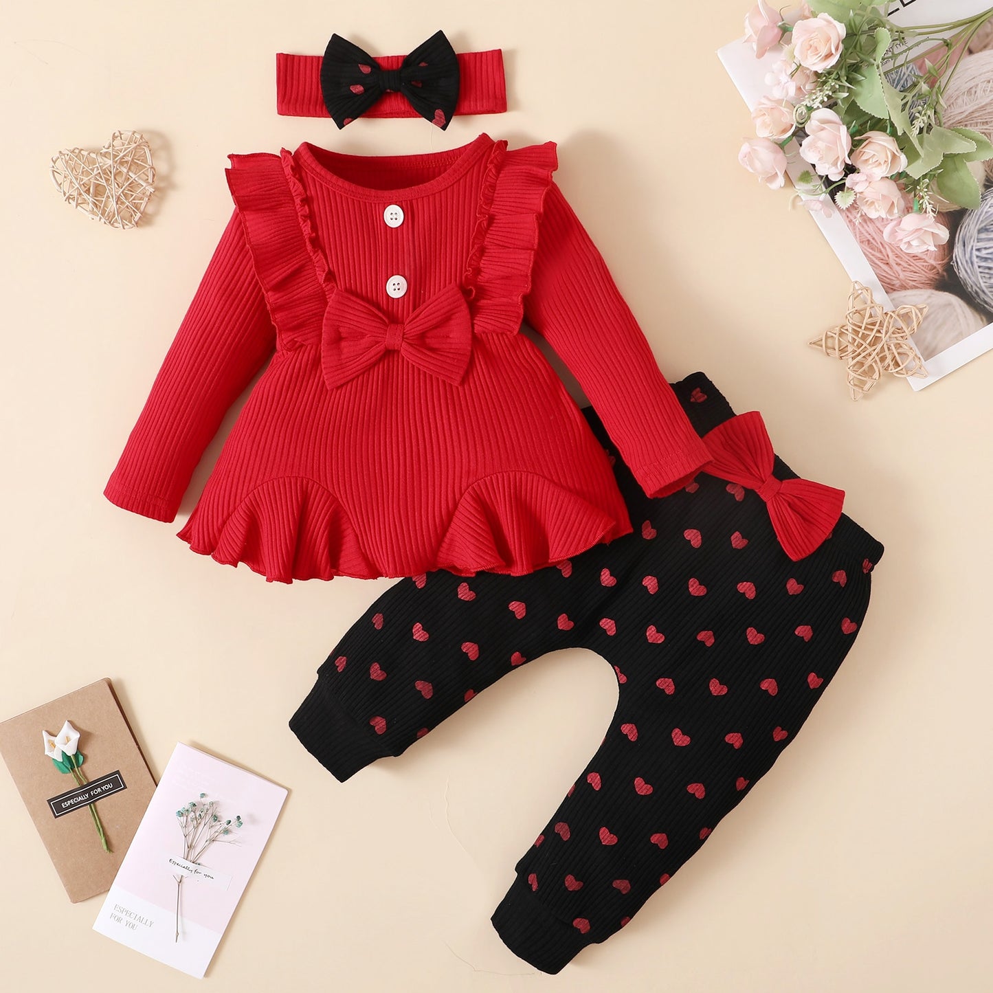 Baby Girl Clothes Sets Bowknot Red Top Love Printed Trousers Casual Infant Outfits Newborn Baby Clothes 3M 6M 12M